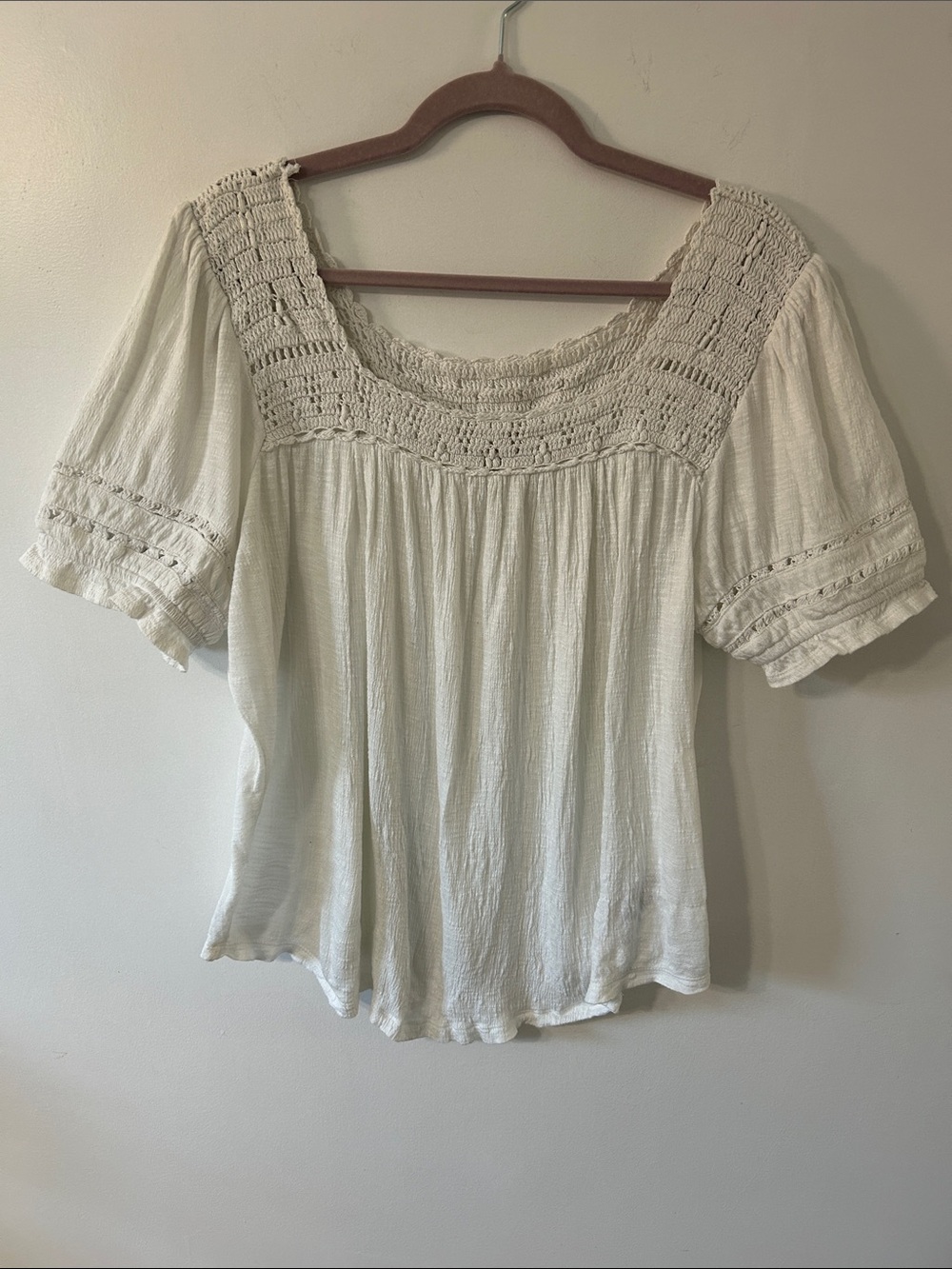 Cynthia Rowley Peasant Blouse Women’s M Crochet Trim Puff Sleeves Square Neck